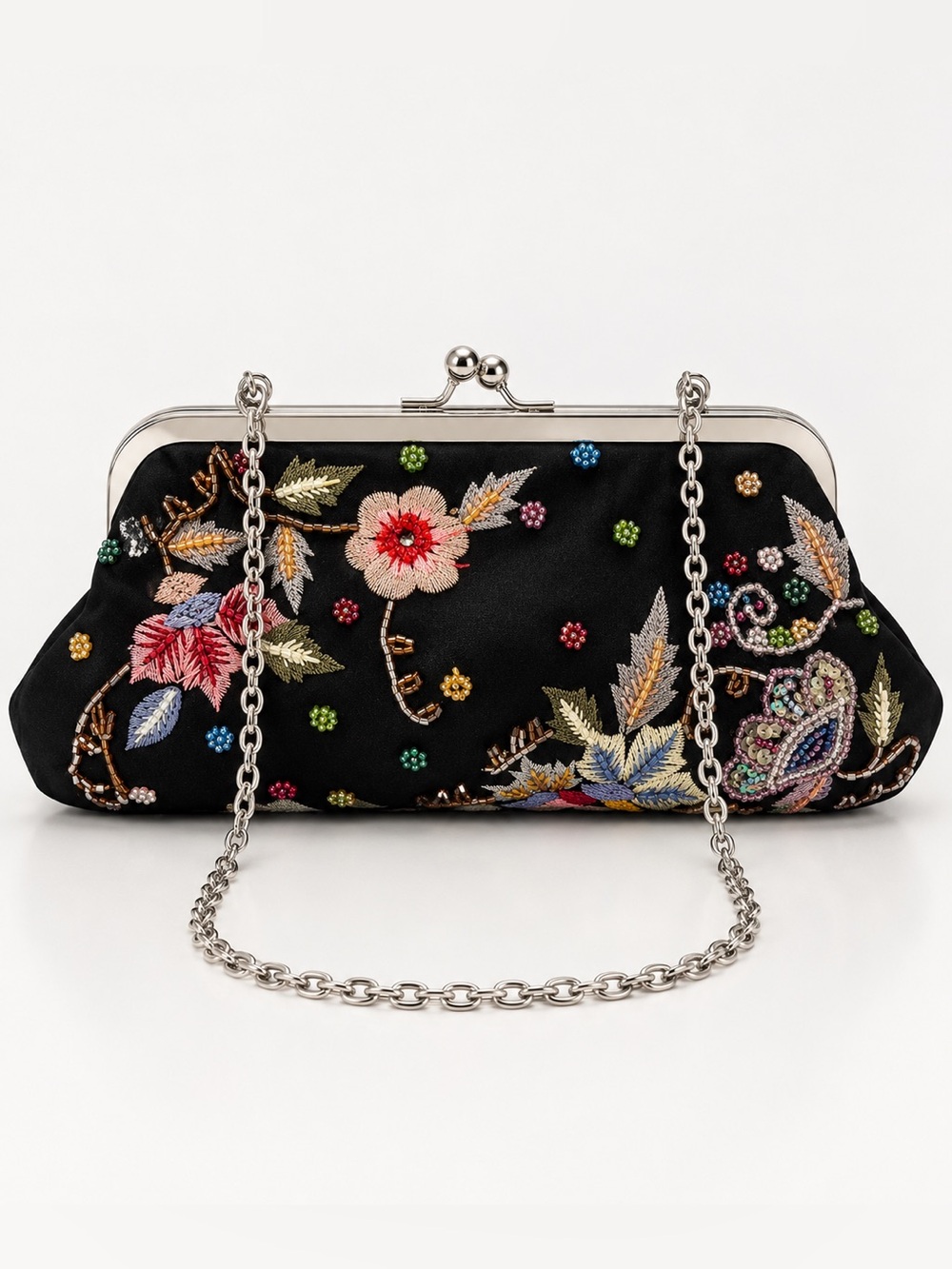 Embroidered Black Silk Floral Evening Clutch with Chain Retro Boho Chic Art Deco